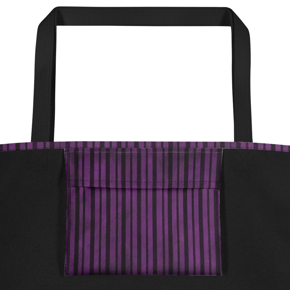 (Halloween) Purple Black Stripe - Large Tote Bag