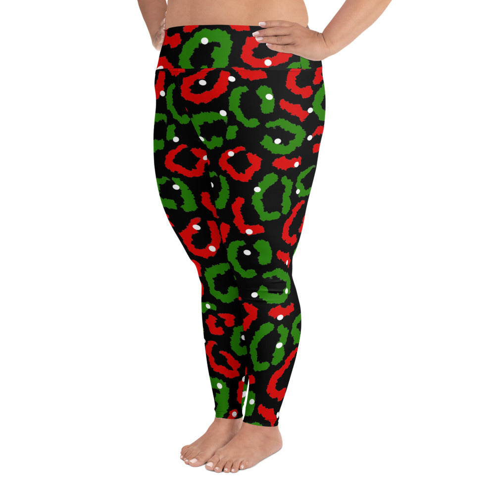Red-Green Leopard Print - Black Plus Size Leggings
