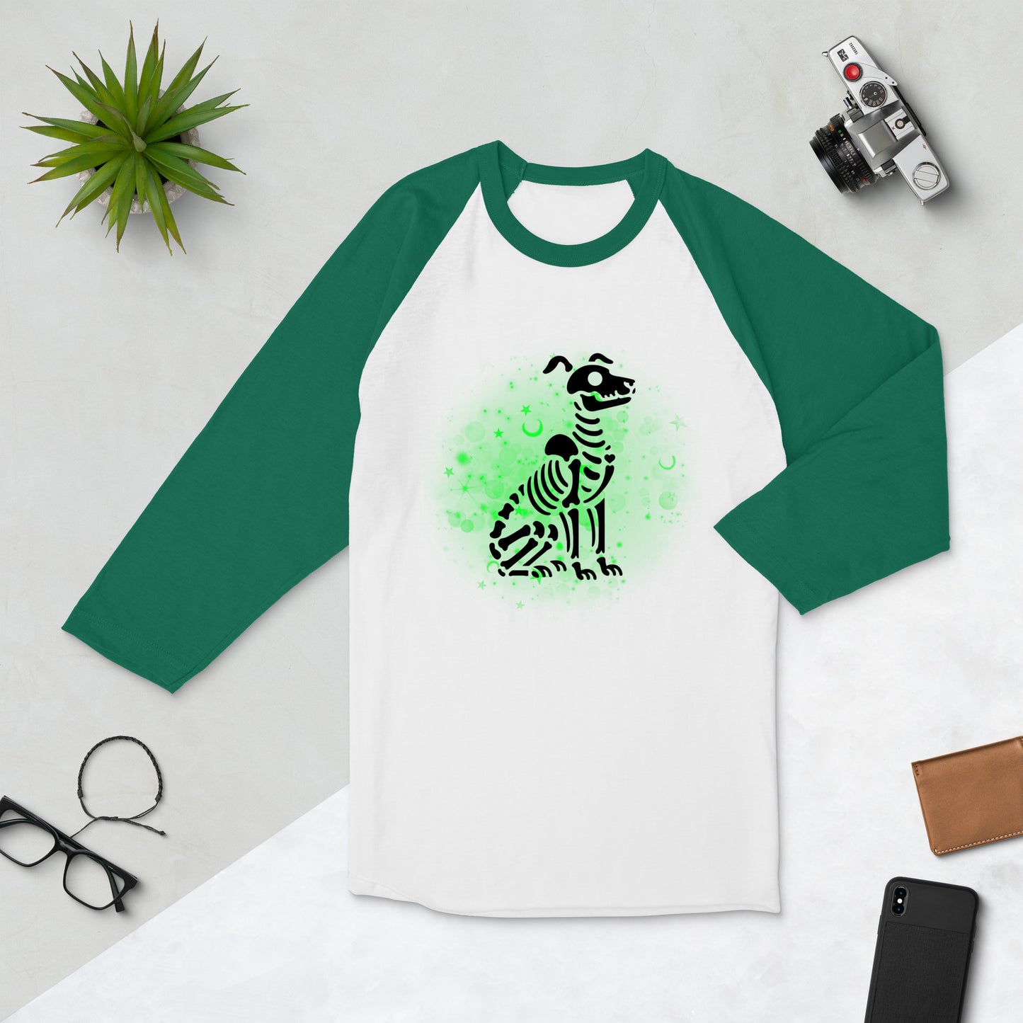 Glowing Dog Skeleton - 3/4 Sleeve Raglan T-Shirt