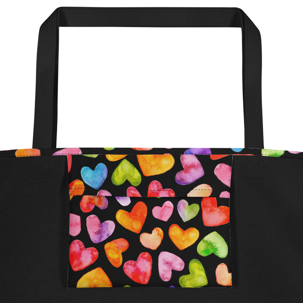 Rainbow Hearts - Large Tote Bag w/ Pocket (16" x 20")