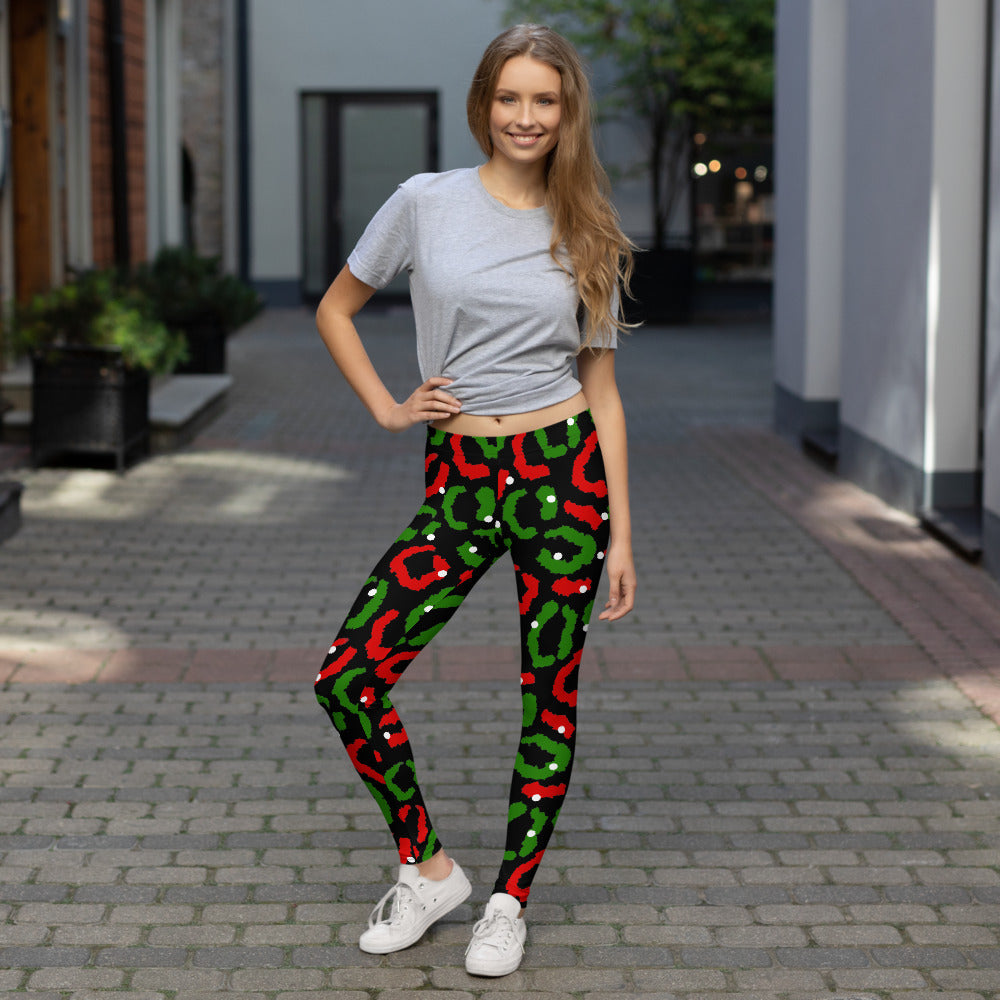 Red-Green Leopard Print - Black Leggings
