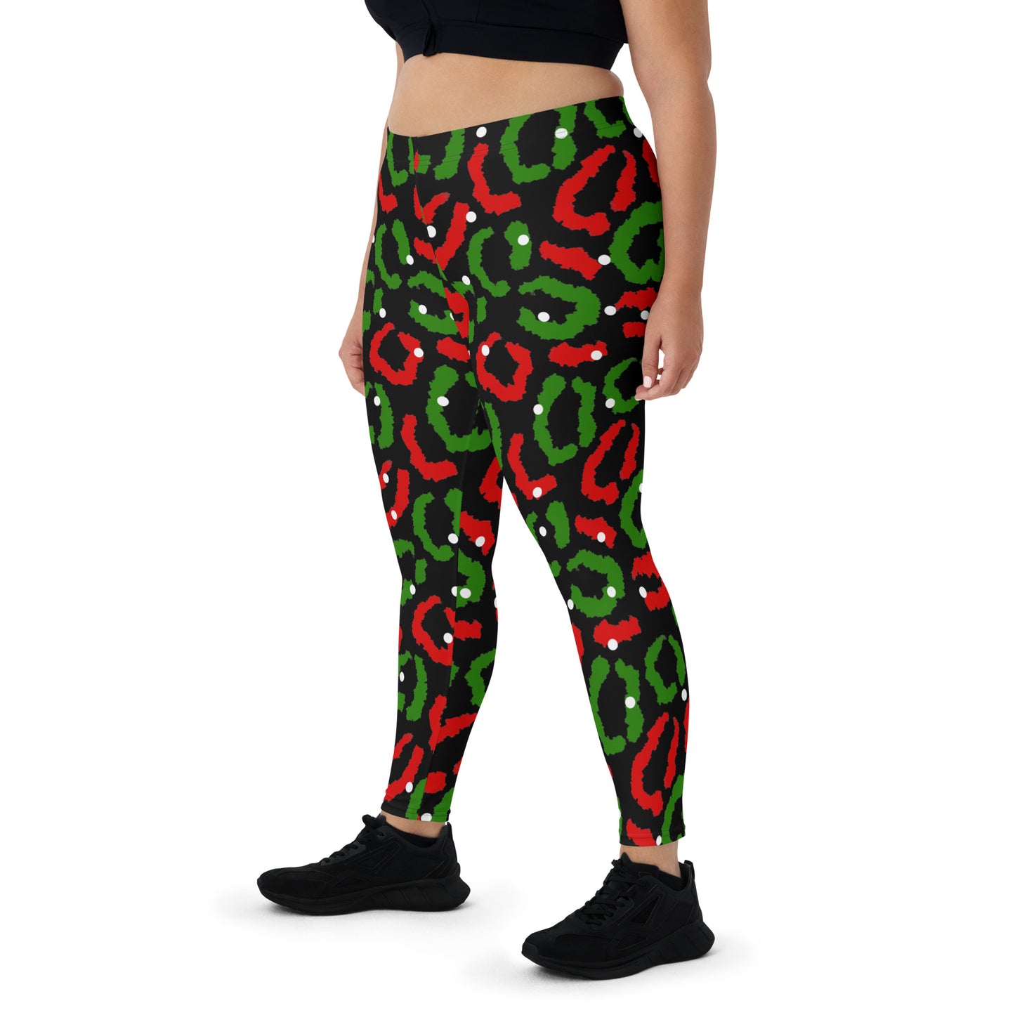 Red-Green Leopard Print - Black Leggings