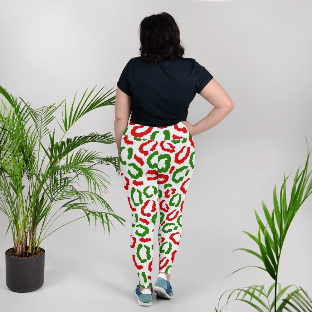 Red-Green Leopard Print - White Plus Size Leggings