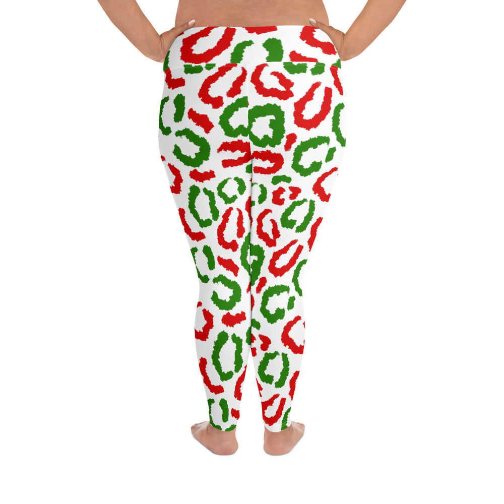 Red-Green Leopard Print - White Plus Size Leggings