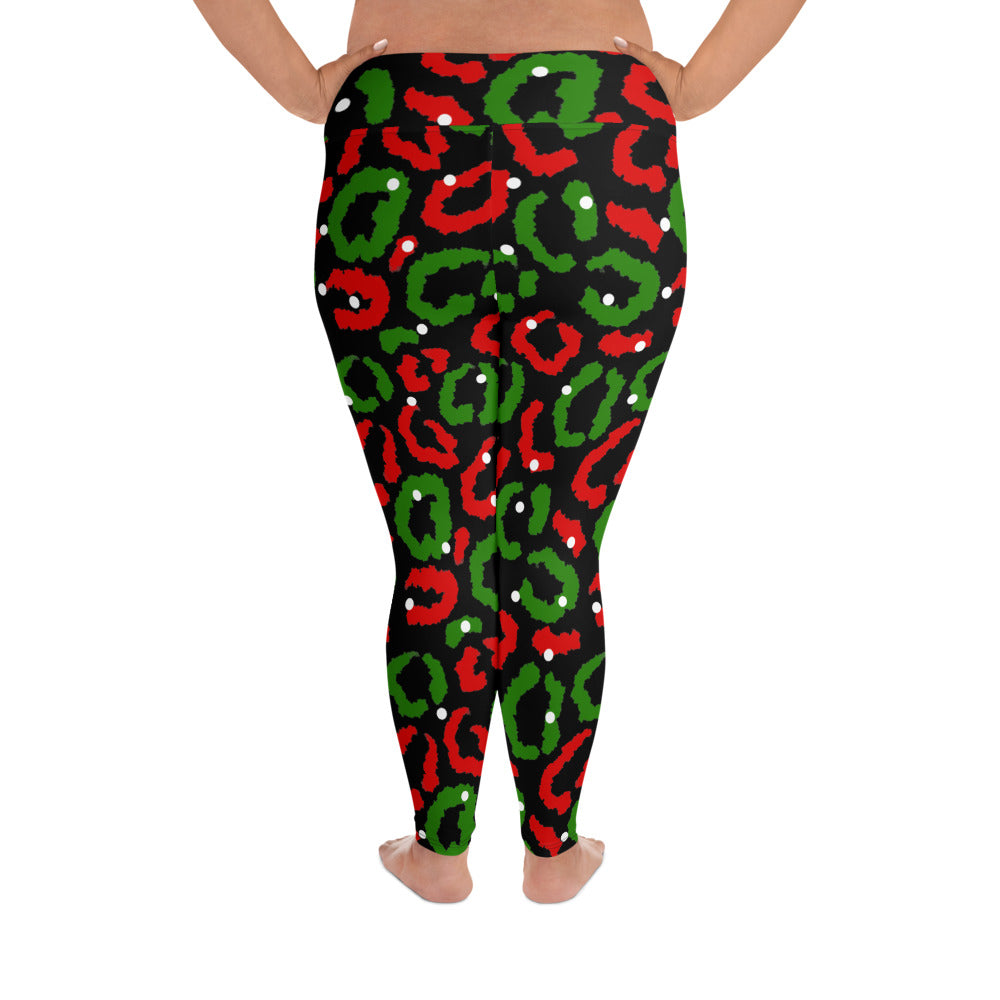 Red-Green Leopard Print - Black Plus Size Leggings