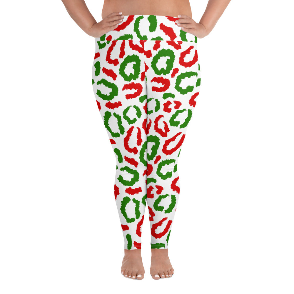 Red-Green Leopard Print - White Plus Size Leggings