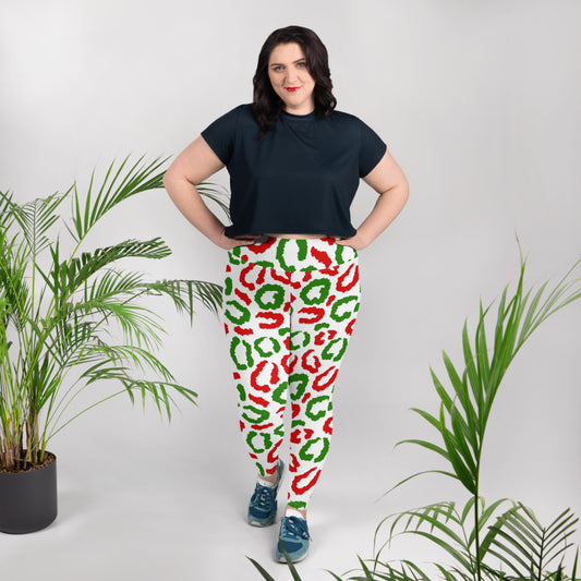 Red-Green Leopard Print - White Plus Size Leggings