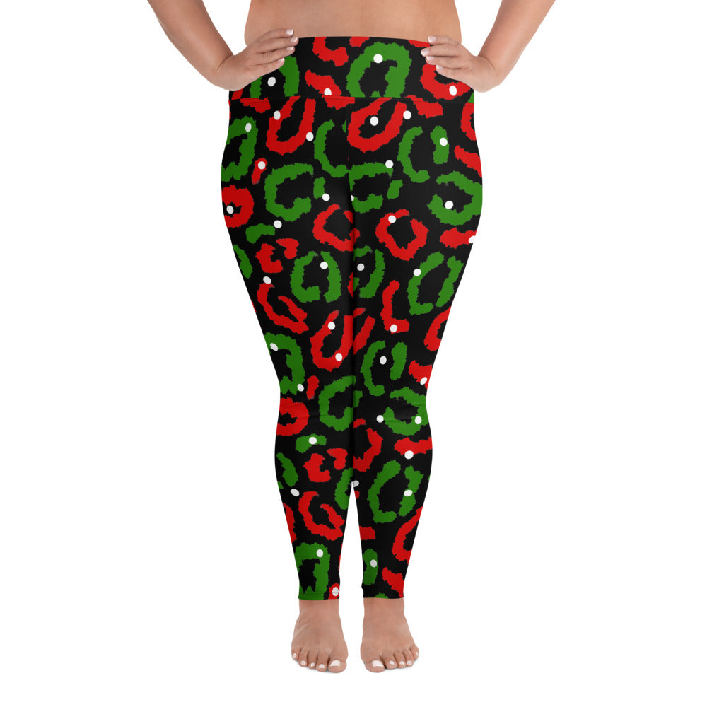 Red-Green Leopard Print - Black Plus Size Leggings