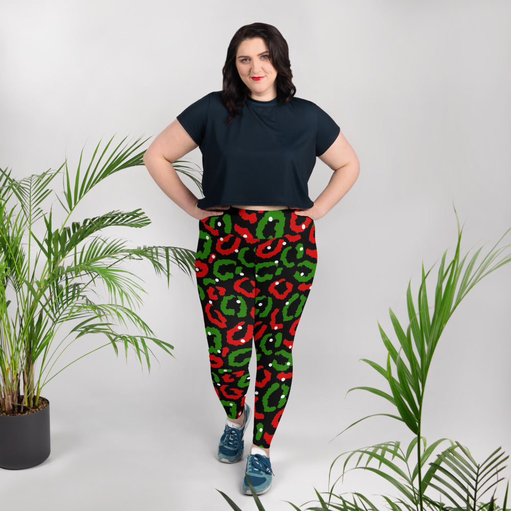 Red-Green Leopard Print - Black Plus Size Leggings