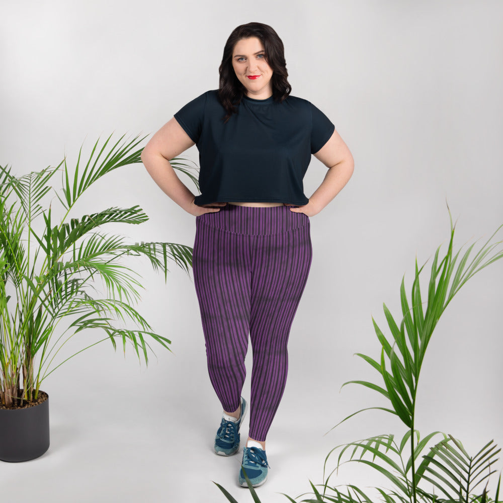 (Halloween) Purple Black Stripe - Plus Size Leggings
