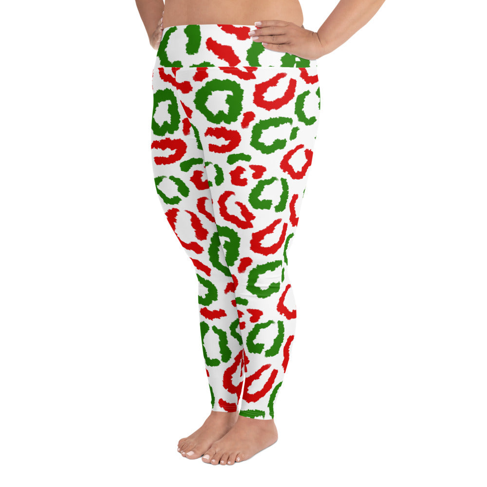 Red-Green Leopard Print - White Plus Size Leggings