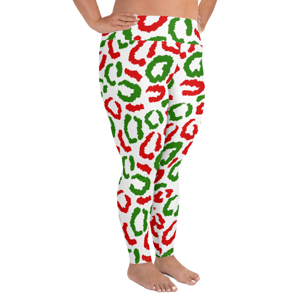 Red-Green Leopard Print - White Plus Size Leggings