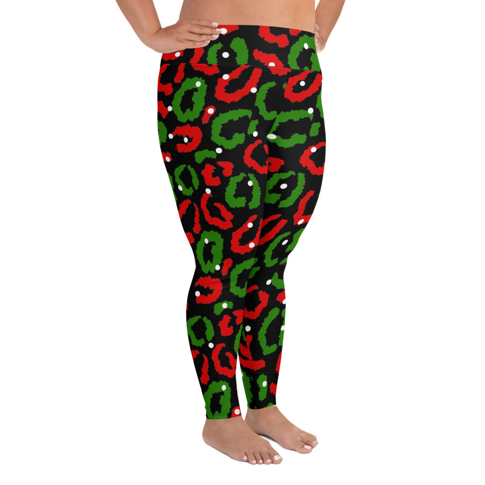Red-Green Leopard Print - Black Plus Size Leggings