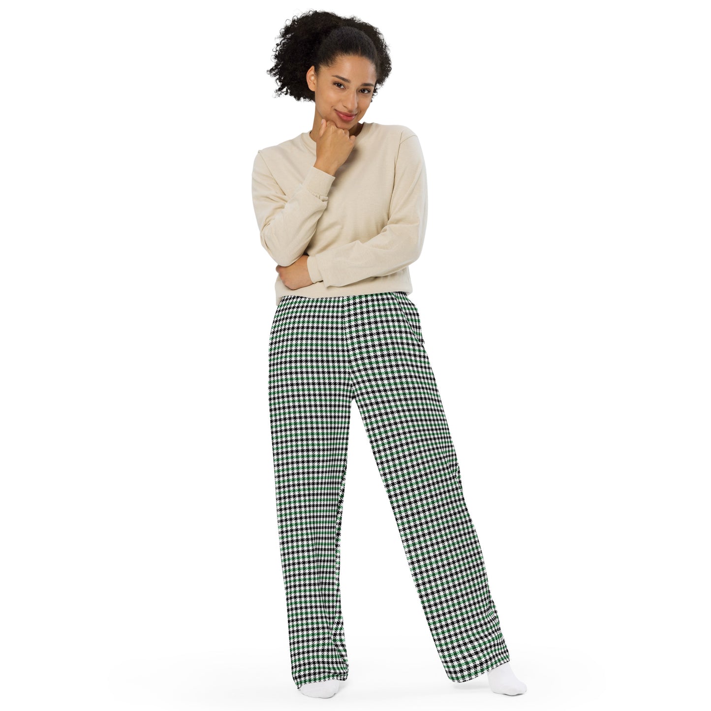 Houndstooth (Blk/Wht/Grn) - Premium Wide-leg Pants