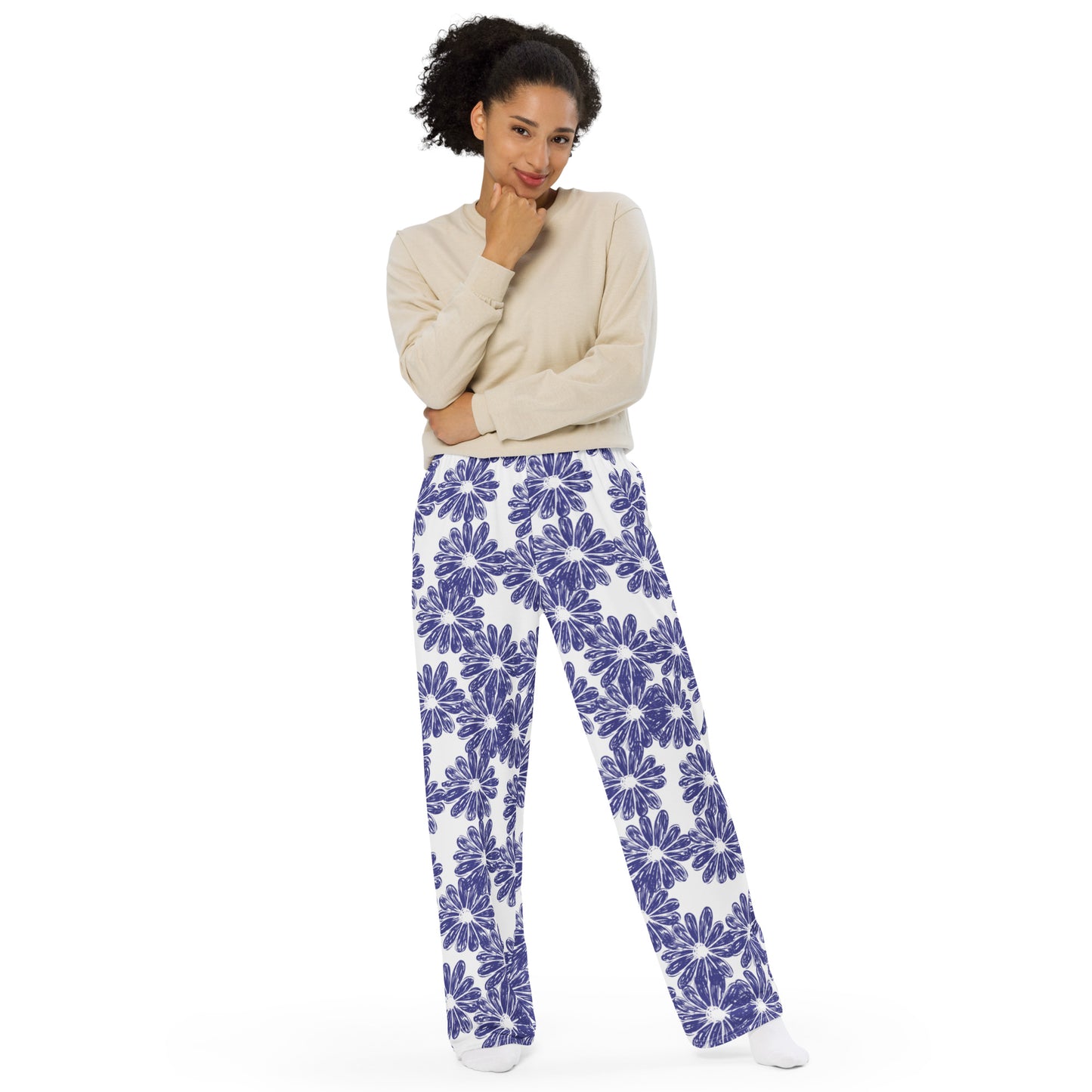 Floral (White & Navy) - Premium Wide-leg Pants