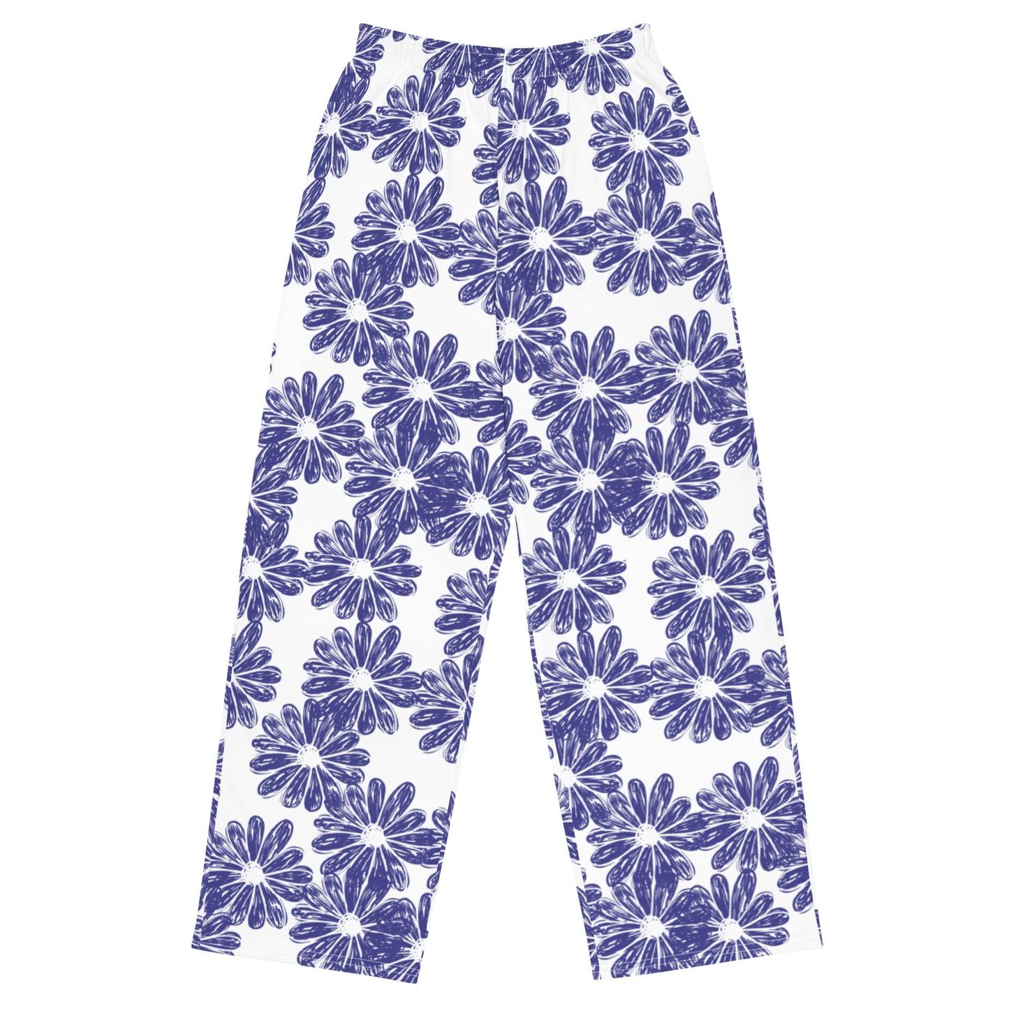 Floral (White & Navy) - Premium Wide-leg Pants