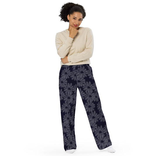 Floral (Navy & White) - Premium Wide-leg Pants