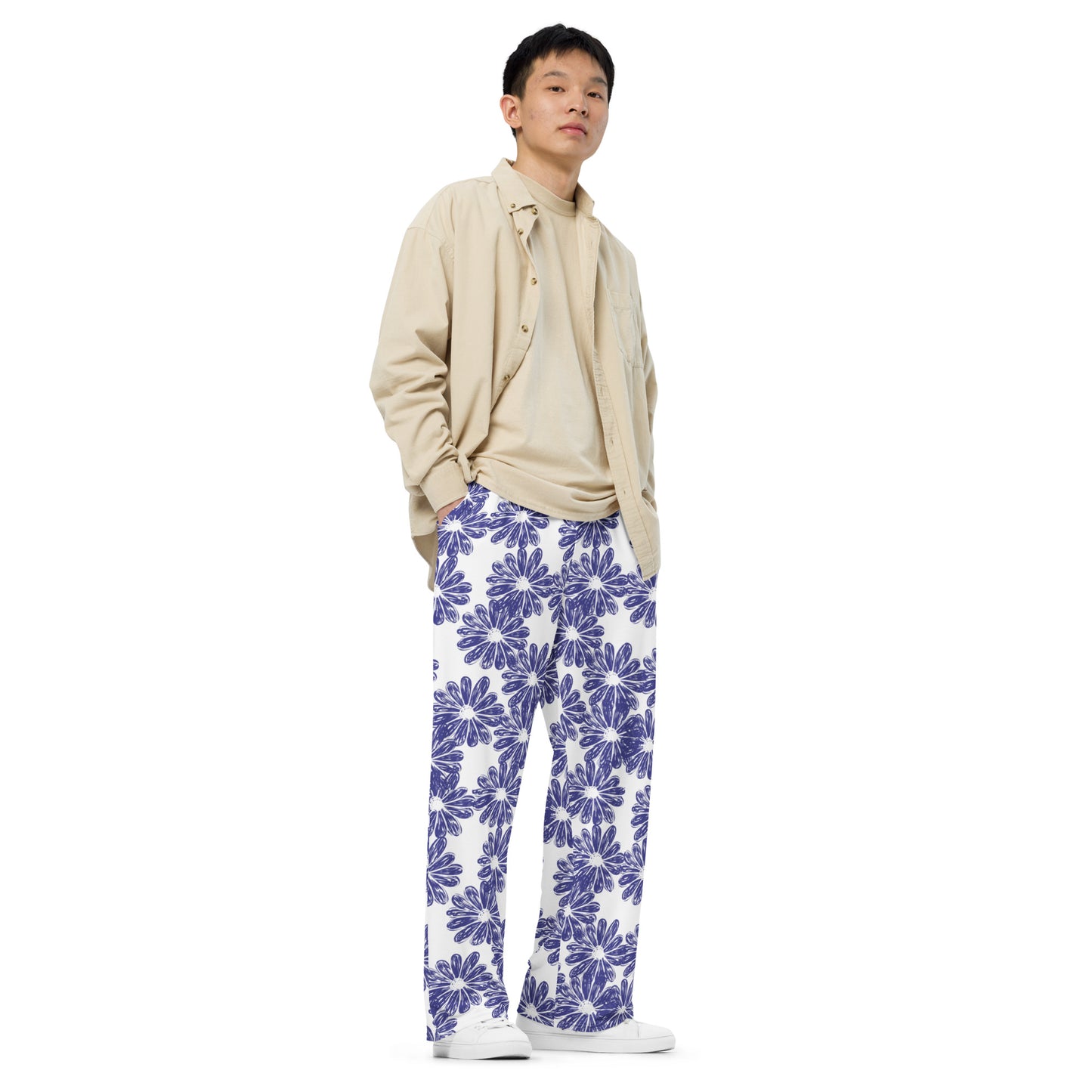 Floral (White & Navy) - Premium Wide-leg Pants