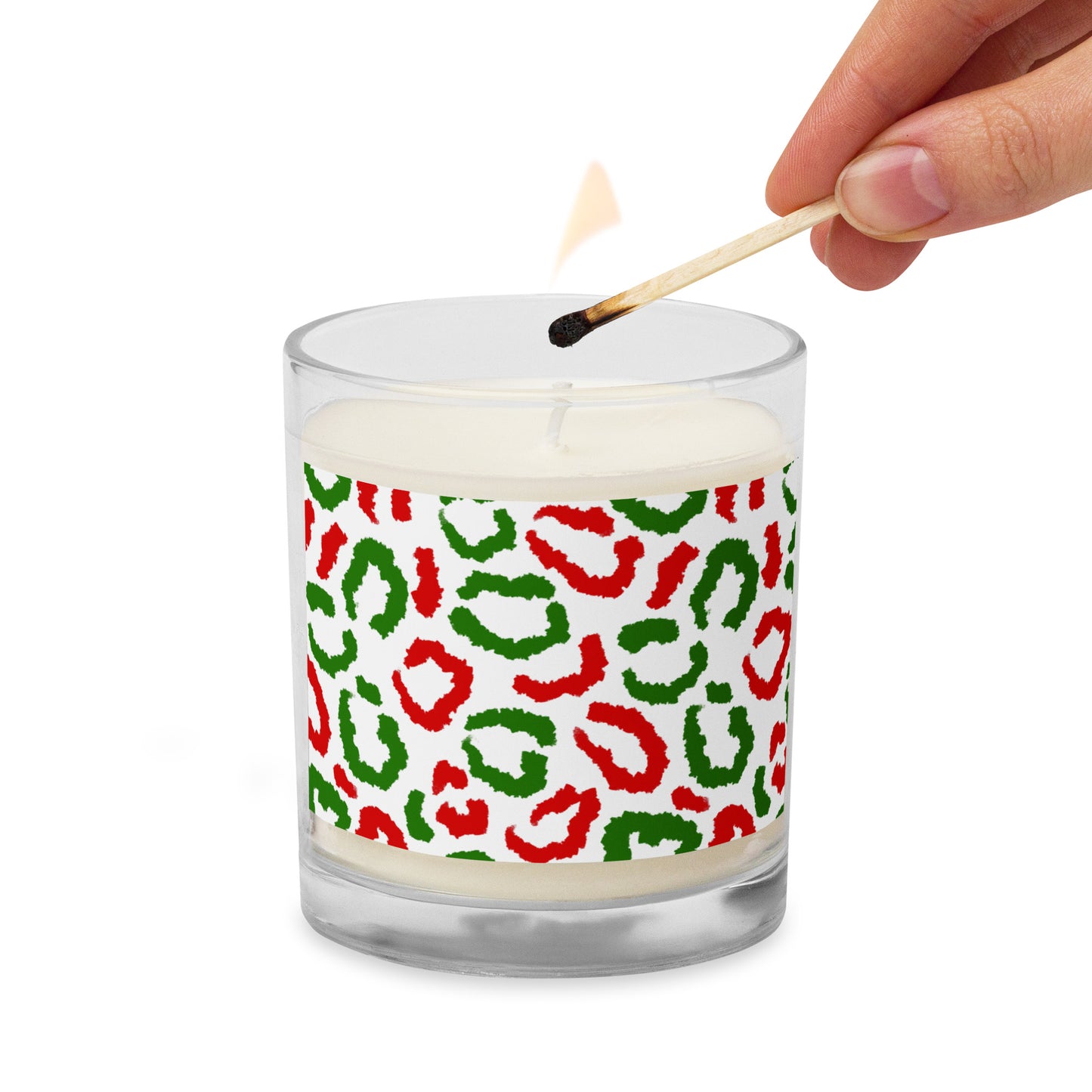 Red-Green Leopard Print (White) - Glass Jar Soy Candle (unscented)