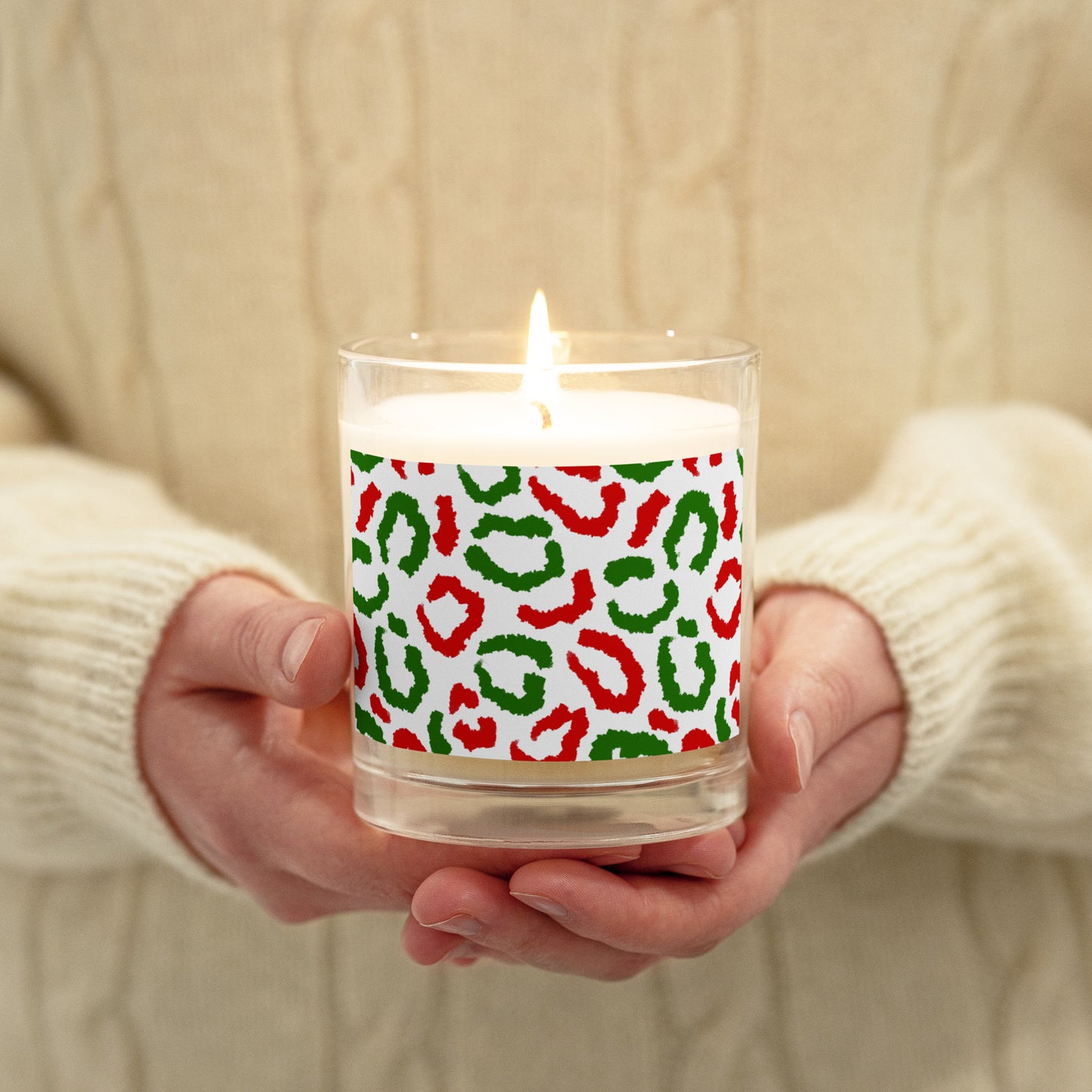 Red-Green Leopard Print (White) - Glass Jar Soy Candle (unscented)