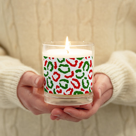Red-Green Leopard Print (White) - Glass Jar Soy Candle (unscented)