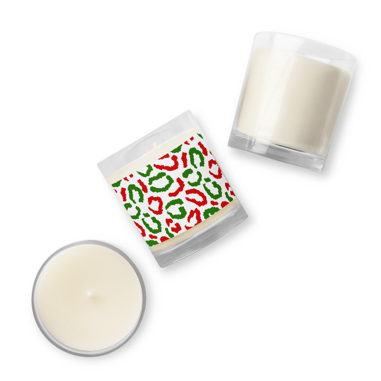 Red-Green Leopard Print (White) - Glass Jar Soy Candle (unscented)