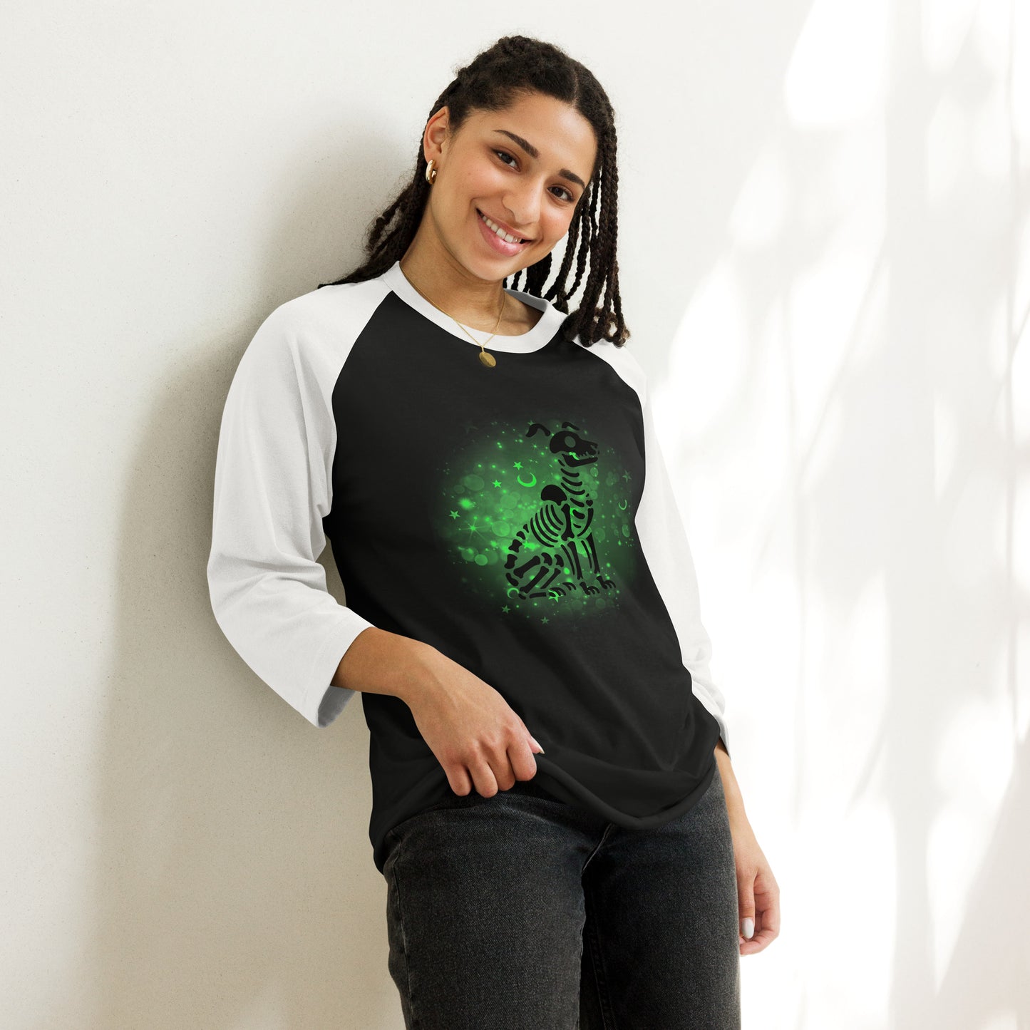 Glowing Dog Skeleton - 3/4 Sleeve Raglan T-Shirt