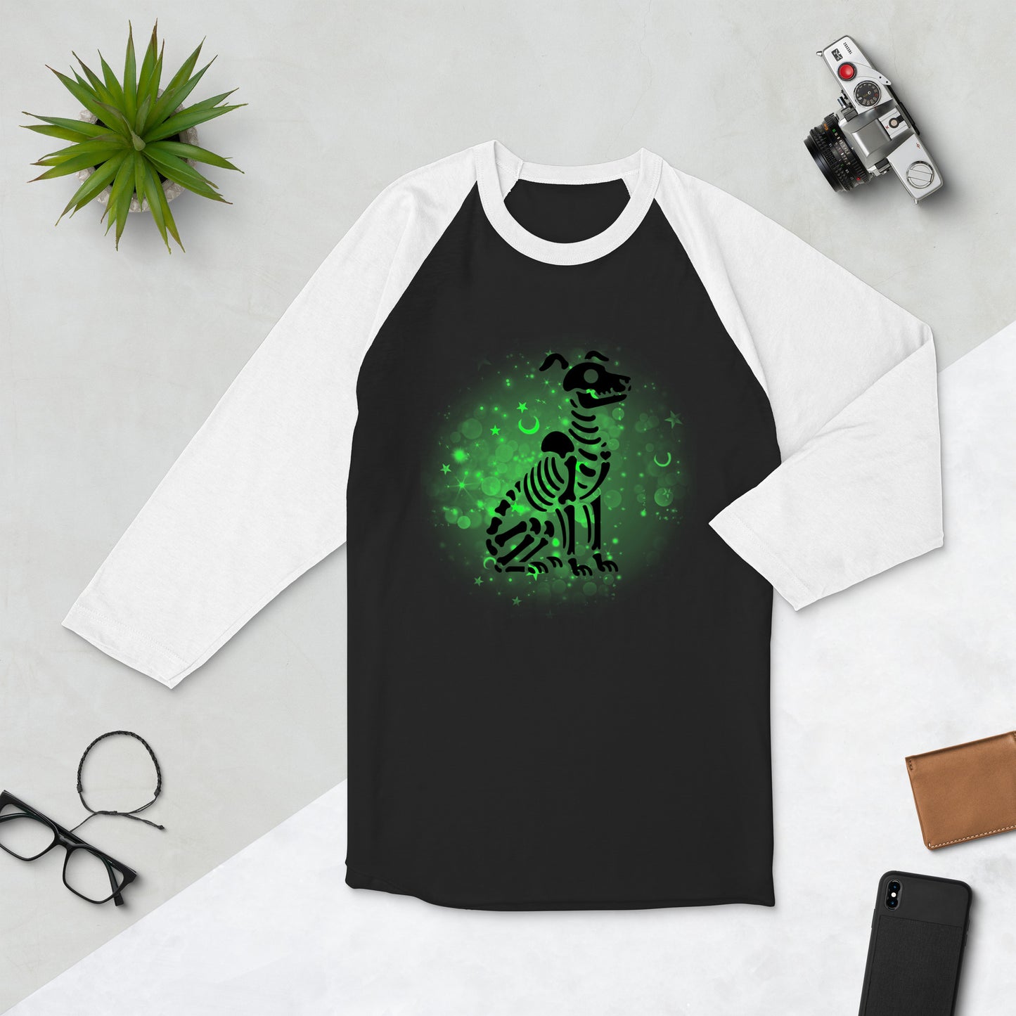 Glowing Dog Skeleton - 3/4 Sleeve Raglan T-Shirt