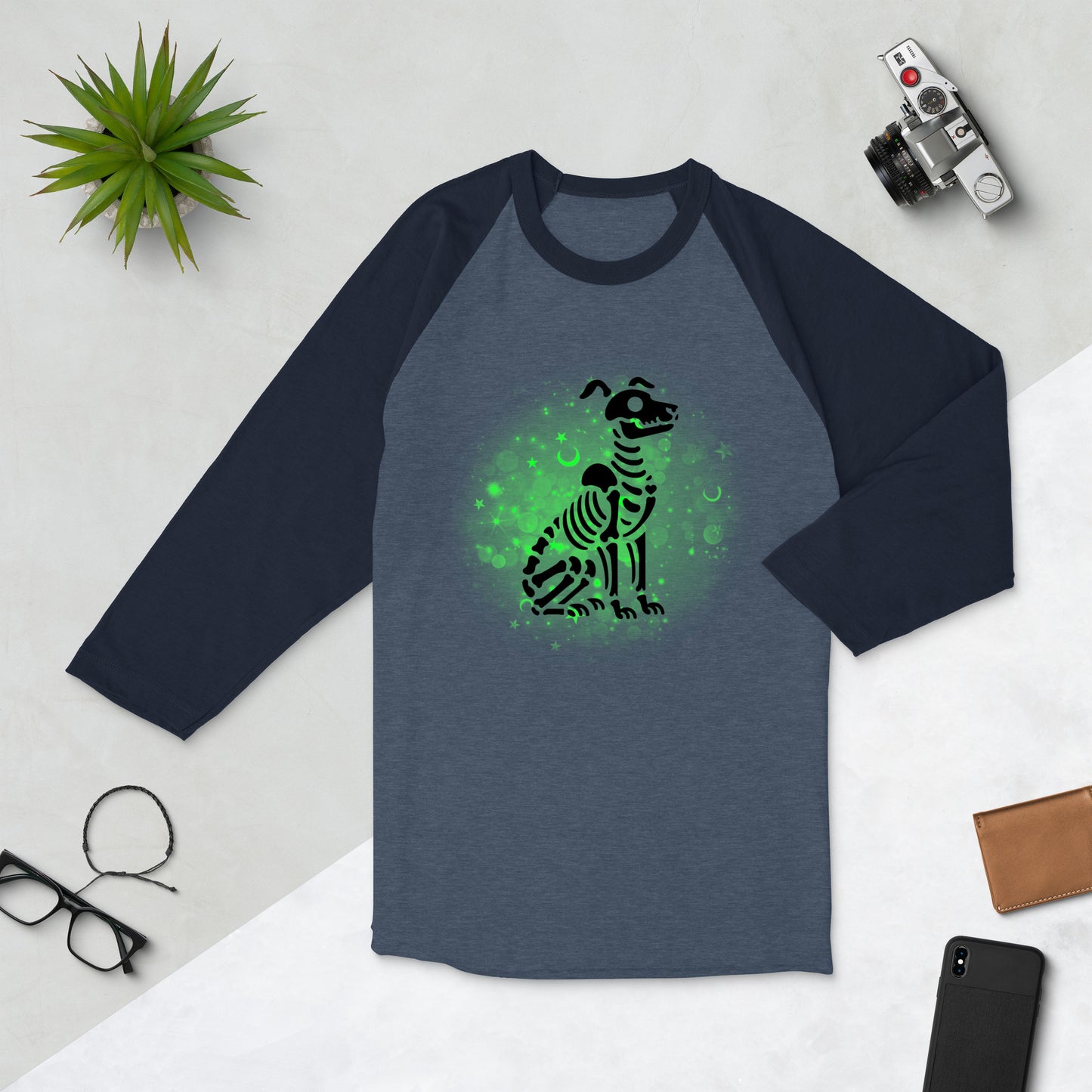 Glowing Dog Skeleton - 3/4 Sleeve Raglan T-Shirt