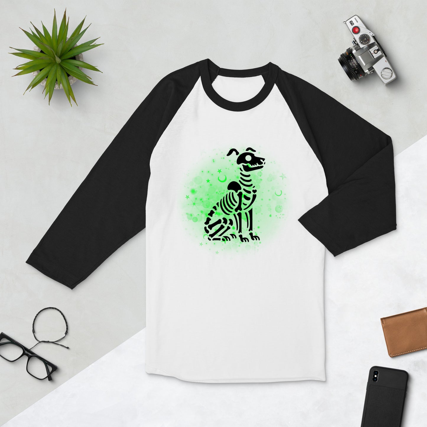 Glowing Dog Skeleton - 3/4 Sleeve Raglan T-Shirt