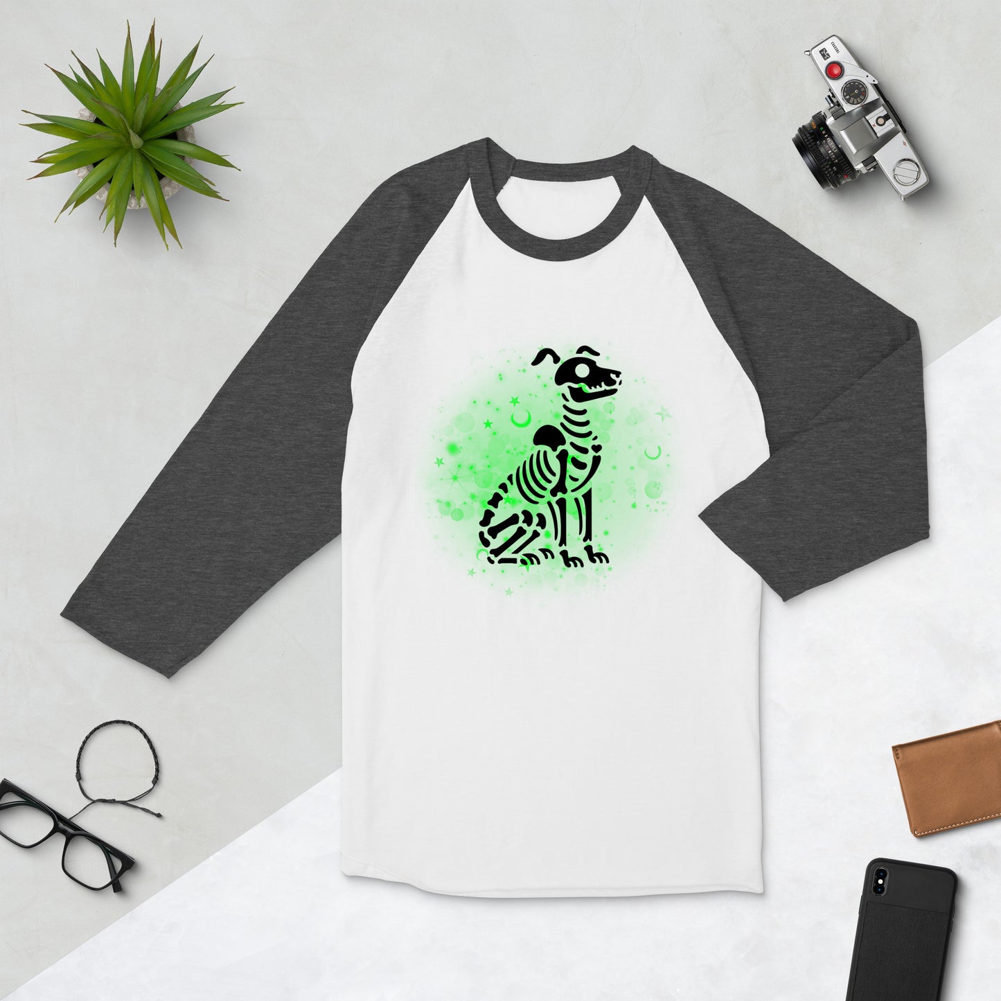 Glowing Dog Skeleton - 3/4 Sleeve Raglan T-Shirt