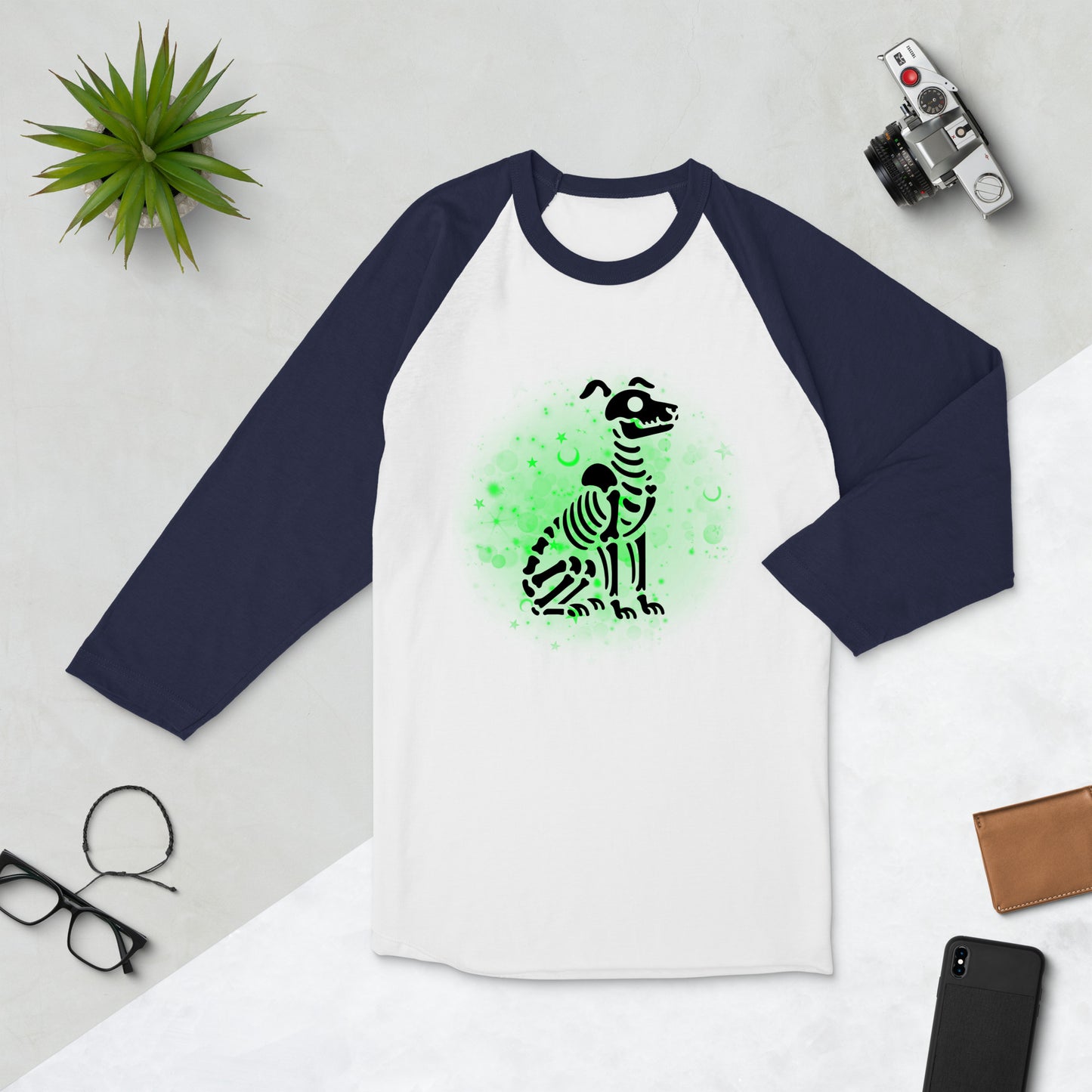 Glowing Dog Skeleton - 3/4 Sleeve Raglan T-Shirt