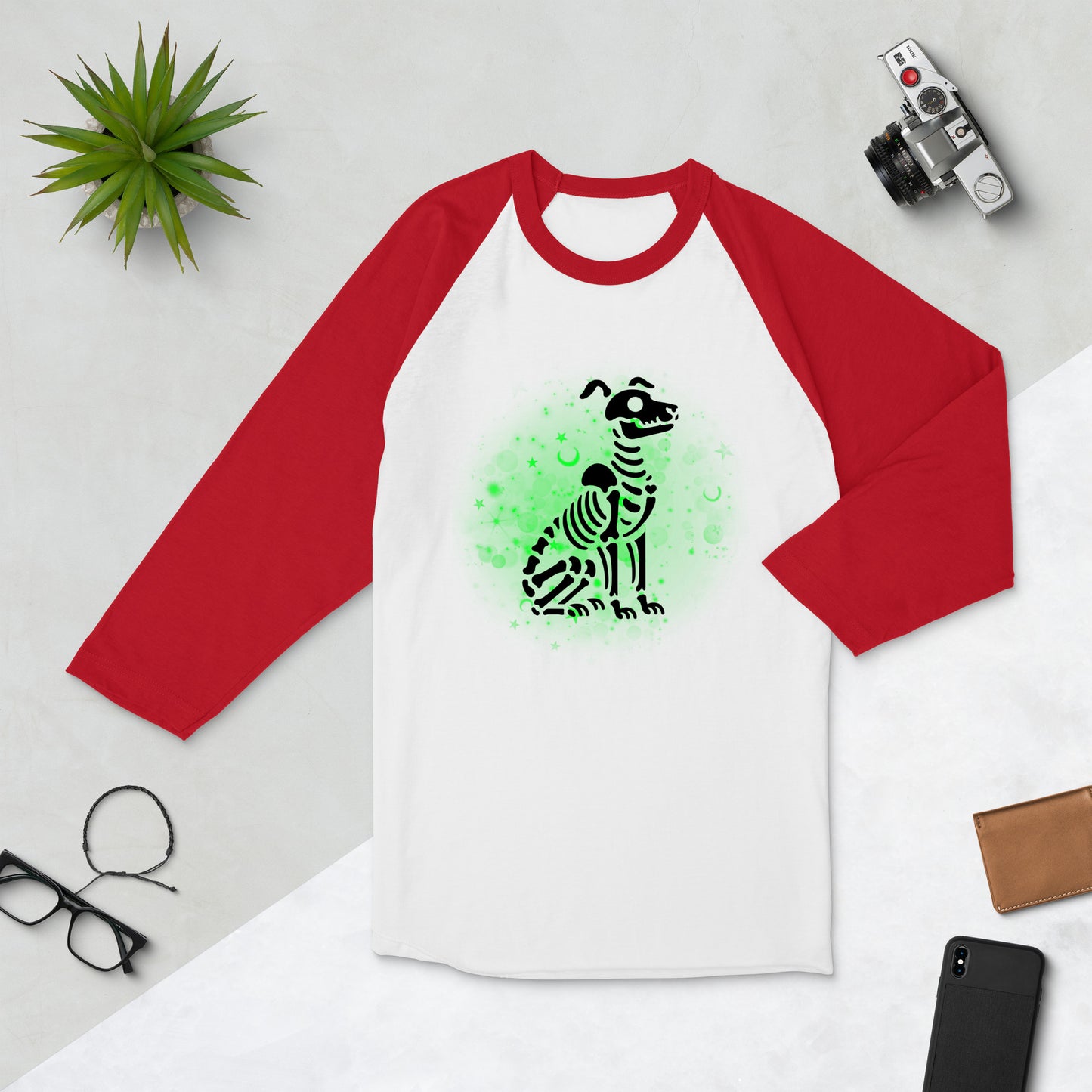 Glowing Dog Skeleton - 3/4 Sleeve Raglan T-Shirt